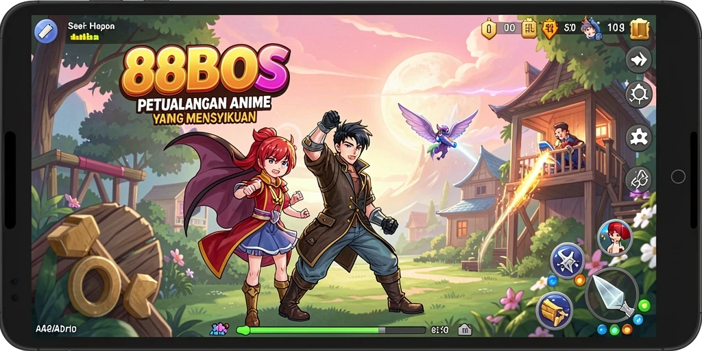 Screenshot gameplay 88BOS menampilkan pertarungan karakter anime yang dinamis.