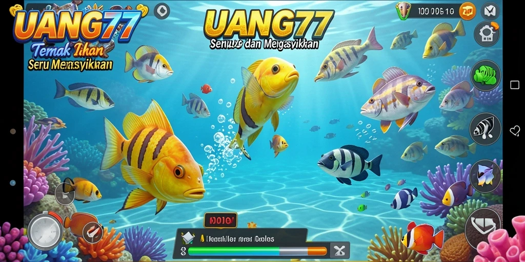 Screenshot gameplay UANG77 dengan aksi menembak ikan yang seru.