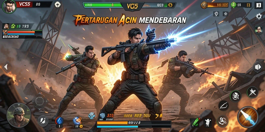 Tampilan gameplay VC55 dengan aksi mendebarkan dan karakter unik.