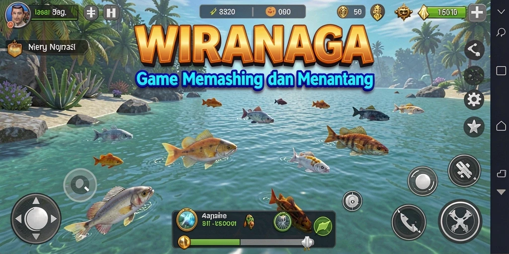 Screenshot gameplay WIRANAGA dengan aksi memancing yang menantang.